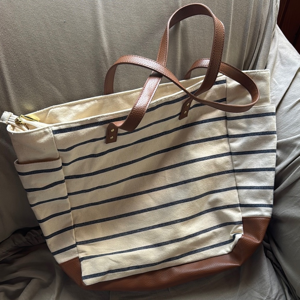 Striped Canvas Tote Bag with Brown Accents